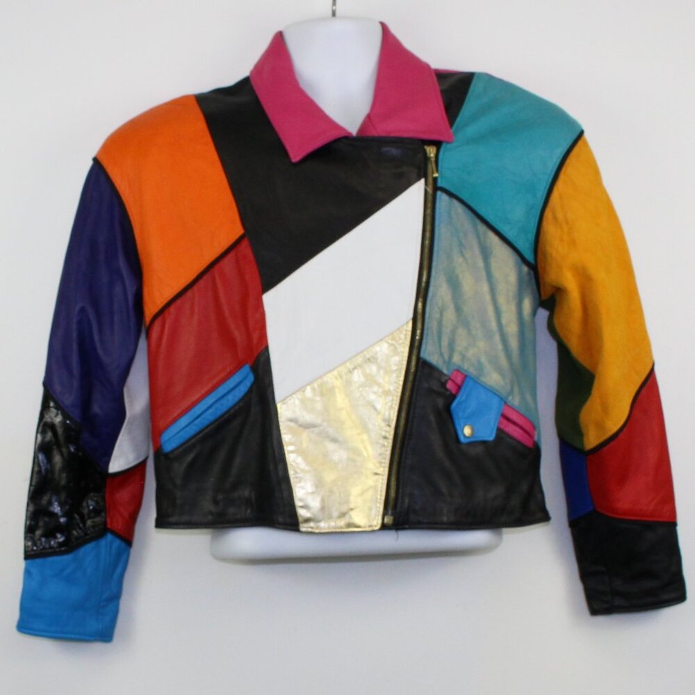Vintage 80s Rare Firenze Santa Barbara Multi Color Patchwork Leather Jacket (M)